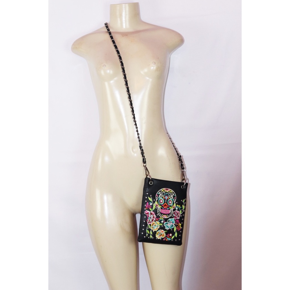 P& G BLACK COLORFUL SKULL DESIGN CROSSBODY HANDBAG